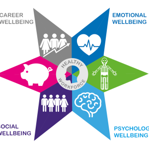 Graphic of a 6 point star featuring the 6 elements of wellbeing: career wellbeing, emotional wellbeing, physical wellbeing, psychological wellbeing, social wellbeing, financial wellbeing, career wellbeing