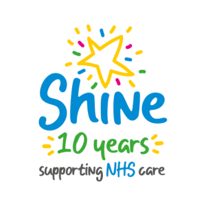 white background with the Shine charity logo, blue writing and a yellow star above it. Says 10 years supporting NHS care.